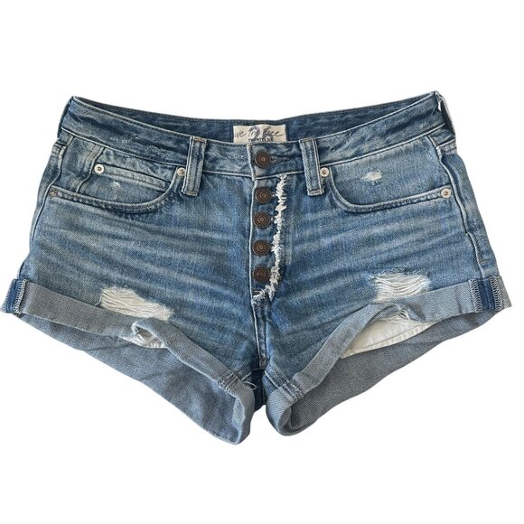 We The Free Romeo Rolled Cut Off Denim Shorts Size 26 Distressed Blue Button Fly - Picture 1 of 11